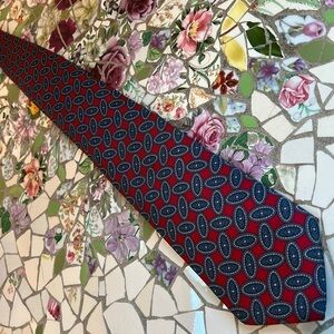 Vintage Pierre Balmain Paris Italian Silk Red Blue Oval medallion print